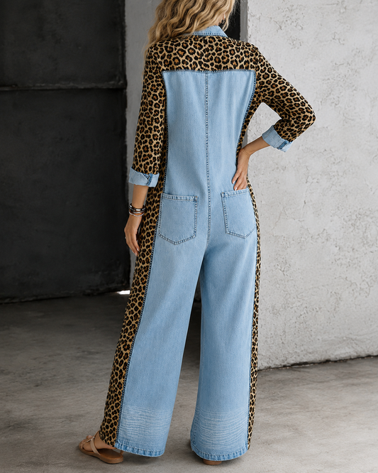 Aven™ | Denim-Look Jumpsuit Met Luipaardprint
